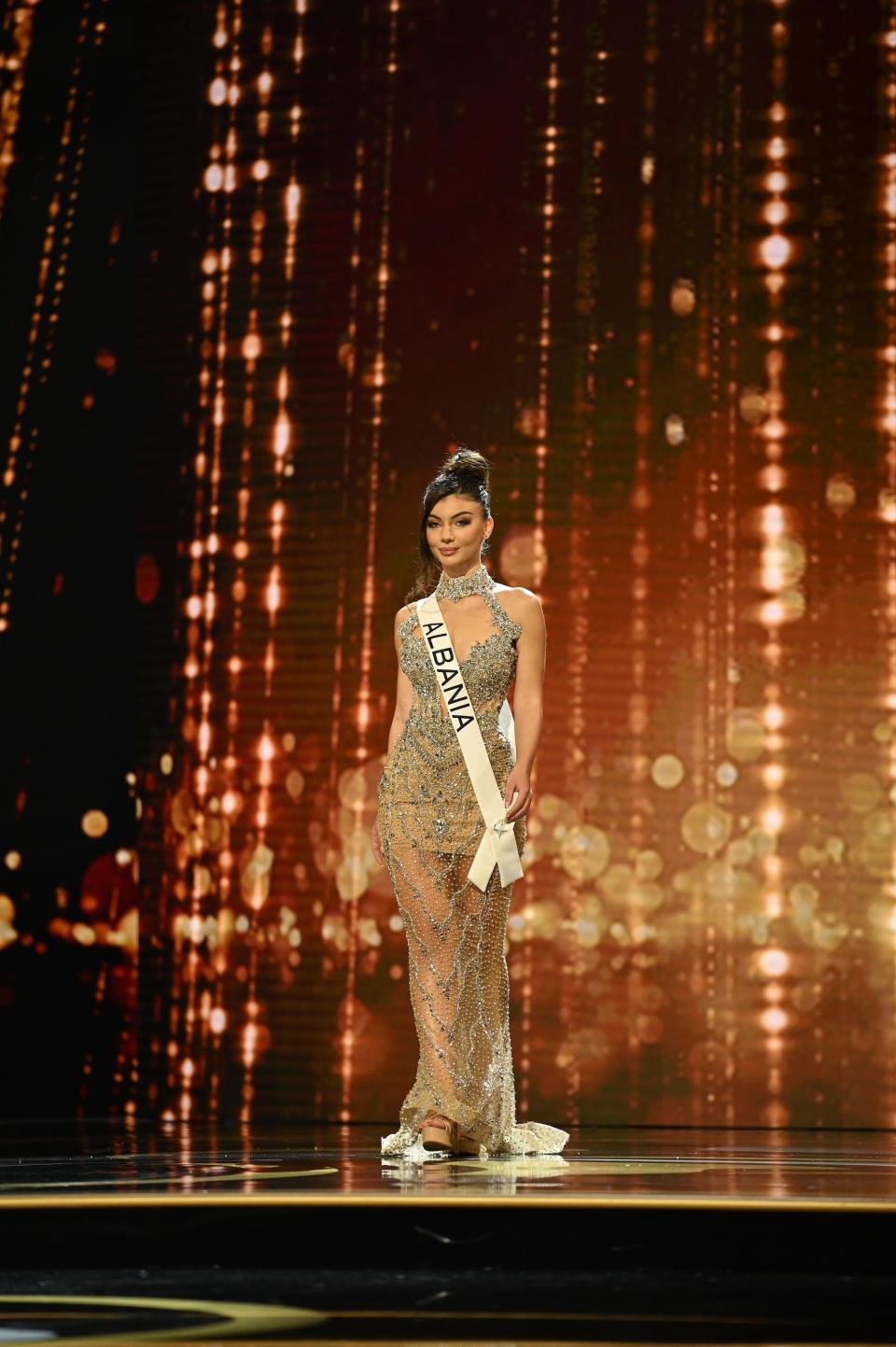 Miss Albania competes in the 71st Miss Universe pageant.