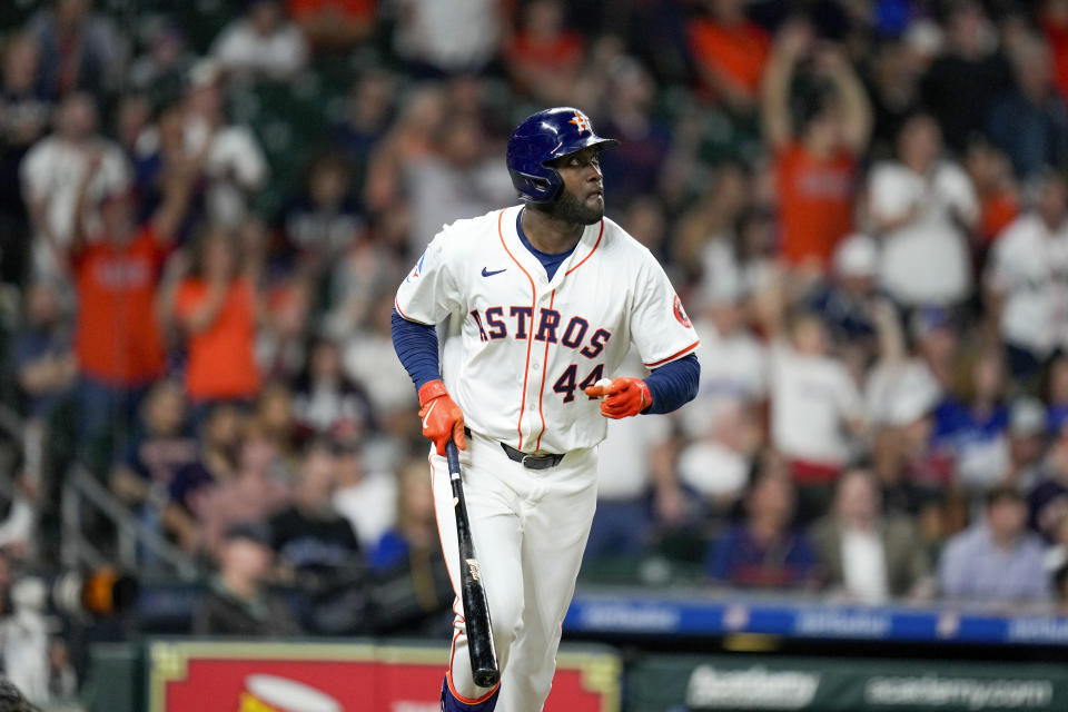 Houston Astros designated hitter Yordan Alvarez watches his solo home run against the Toronto Blue Jays during the sixth inning of a baseball game Wednesday, April 3, 2024, in Houston. (AP Photo/Eric Christian Smith)