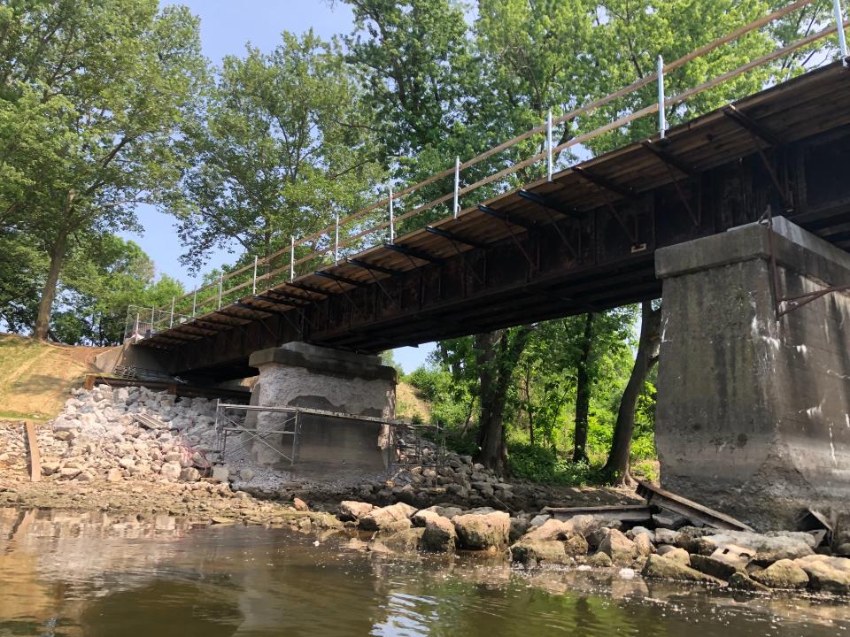 Work is continuing to convert this former railroad bridge over the St. Joseph River into a pedestrian bridge, near Angela Boulevard in South Bend, as part of the Coal Line Trail. This view is from a kayak on June 4, 2023.