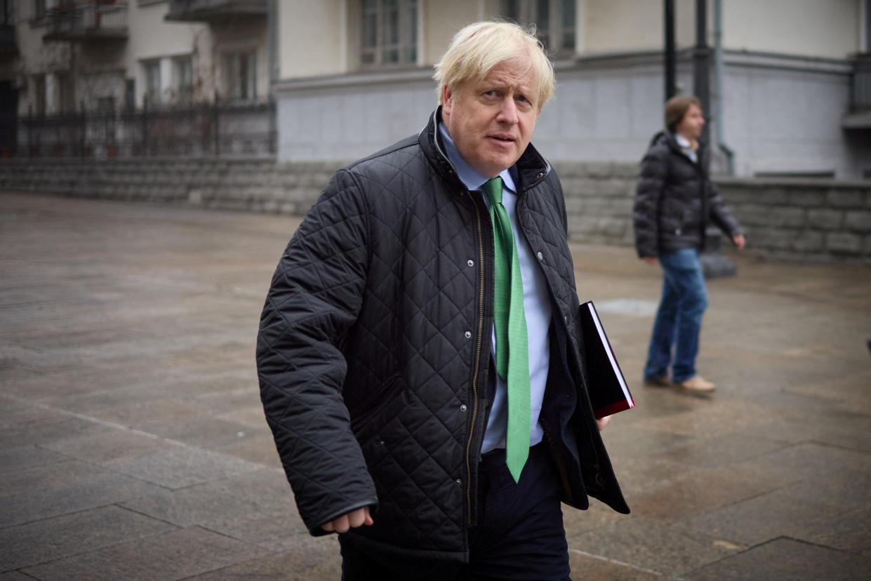 Former British Prime Minister Boris Johnson arrives for a meeting with Ukraine's President Volodymyr Zelenskiy, amid Russia's attack on Ukraine, in Kyiv, Ukraine January 22, 2023.  Ukrainian Presidential Press Service/Handout via REUTERS ATTENTION EDITORS - THIS IMAGE HAS BEEN SUPPLIED BY A THIRD PARTY.