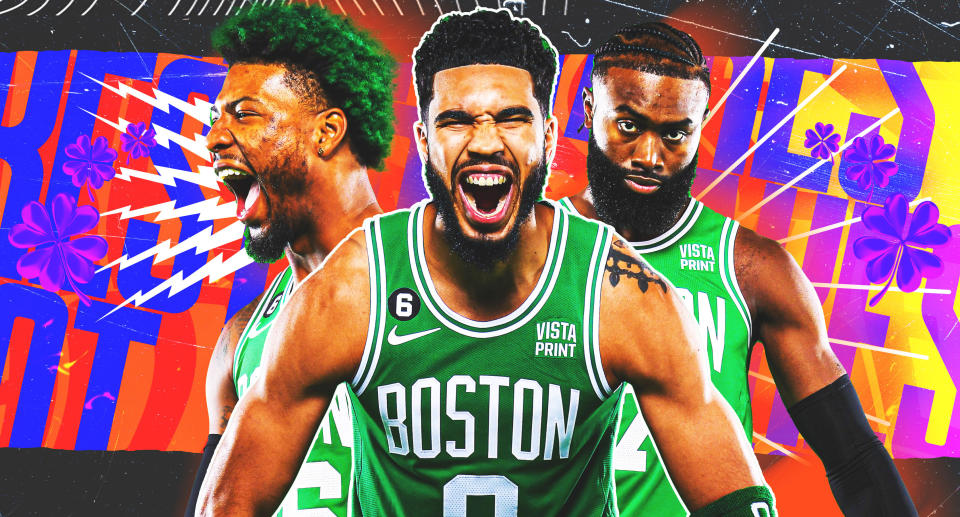 The Boston Celtics' Marcus Smart, Jayson Tatum and Jaylen Brown have their team poised to return to the NBA Finals. (Graphic by Erick Parra Monroy/Yahoo Sports)