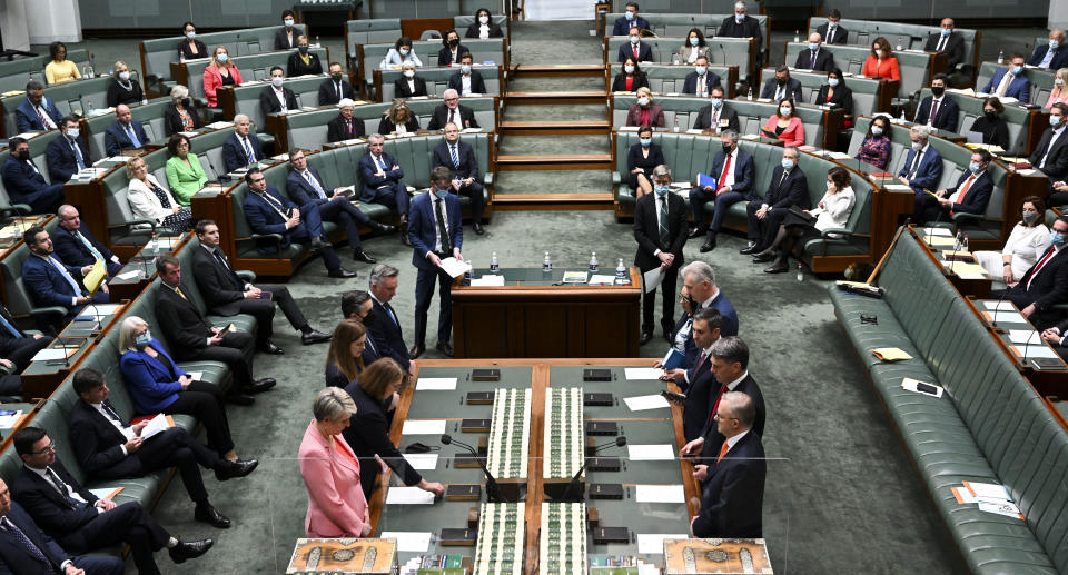 Australian Prime Minister Anthony Albanese and member of his government take the affirmation of allegiance in the House of Representatives during the opening of the 47th Federal Parliament at Parliament House in Canberra.