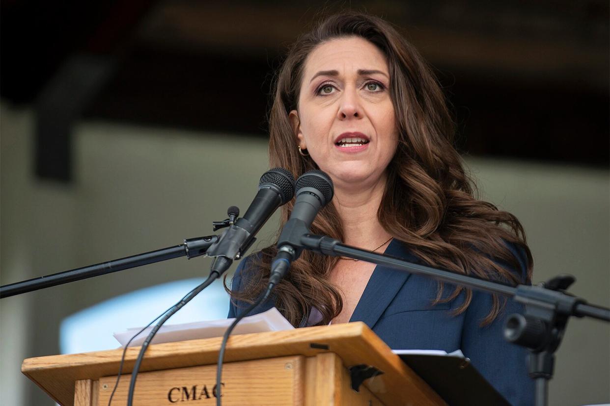 Rep. Jaime Herrera Beutler, R-Wash., speaks at a Memorial Day observance event on May 30, 2022, in Vancouver, Wash. Republican Joe Kent has taken the lead over incumbent Beutler in the race for the second spot in Washington state's top two primary.