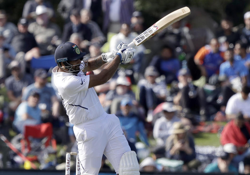 India's Hanuma Vihari plays at the ball to be out caught behind during play on day one of the second cricket test between New Zealand and India at Hagley Oval in Christchurch, New Zealand, Saturday, Feb. 29, 2020. (AP Photo/Mark Baker)