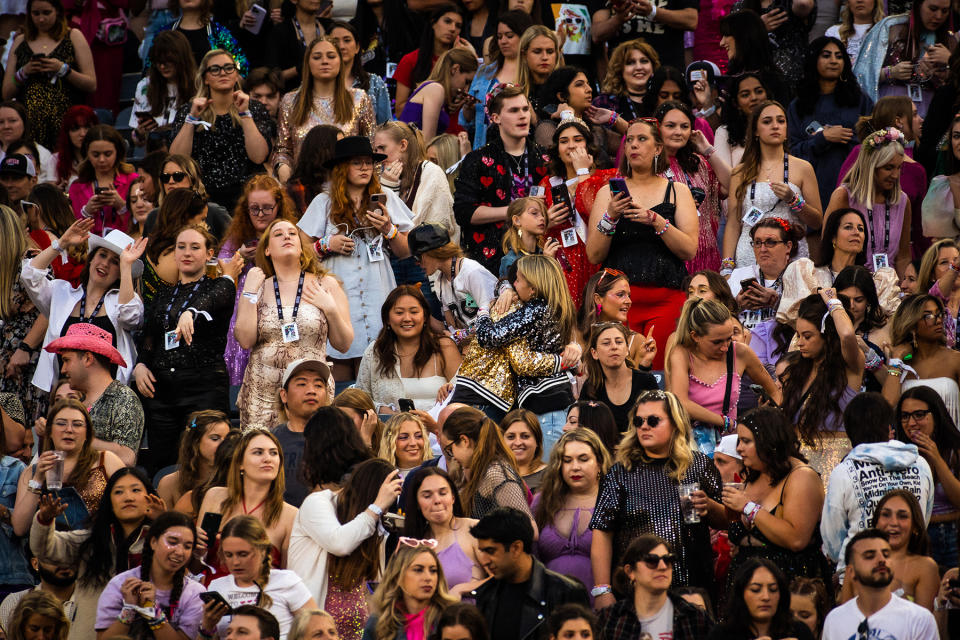 Excited fans await Taylor Swift moments before she takes the stage during the "Taylor Swift | The Eras Tour" at MetLife Stadium on May 26, 2023 in East Rutherford, New Jersey.