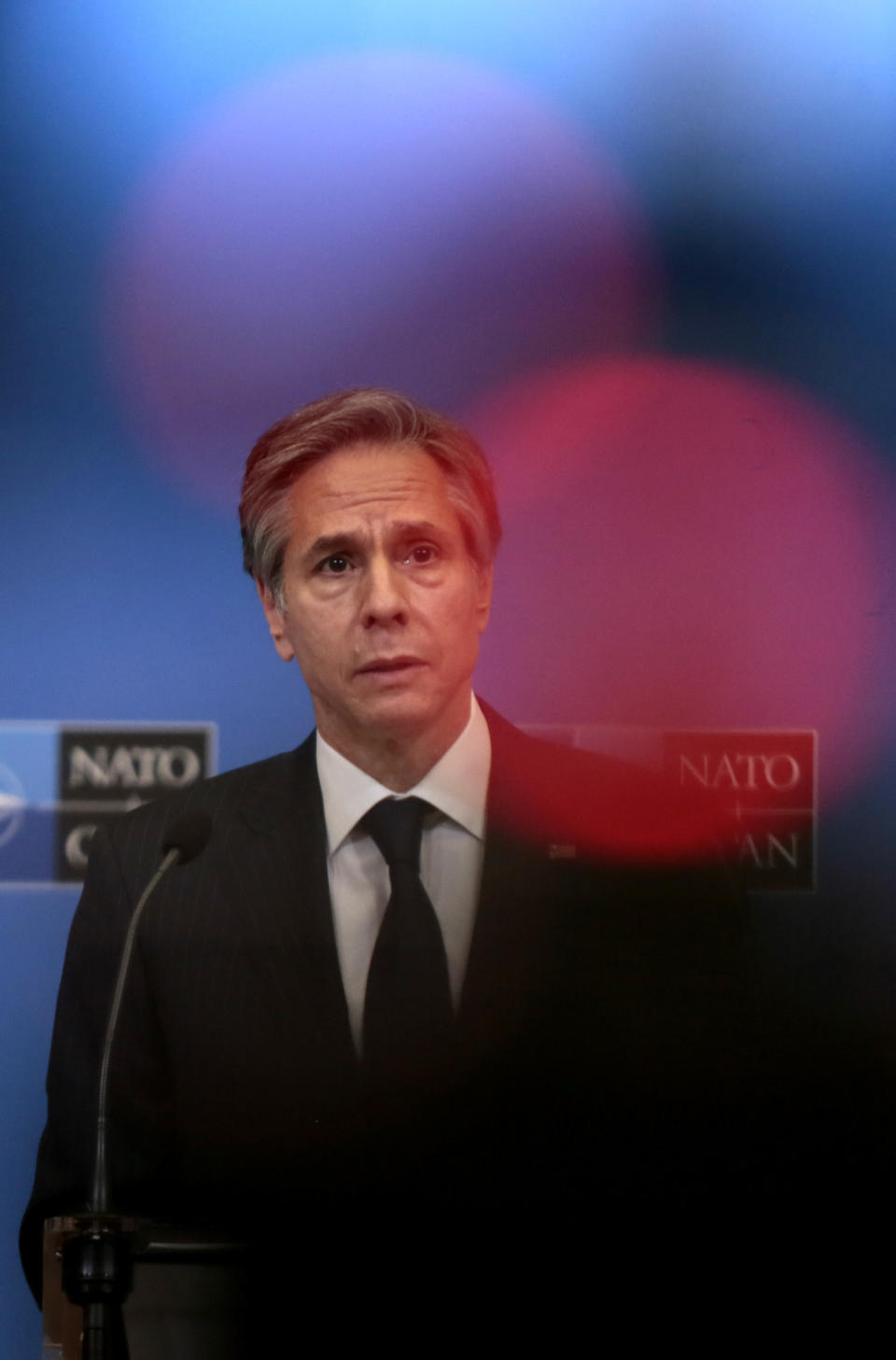 U.S. Secretary of State Antony Blinken speaks during a media conference after a meeting of NATO foreign ministers at NATO headquarters in Brussels on Wednesday, March 24, 2021. (AP Photo/Virginia Mayo, Pool)