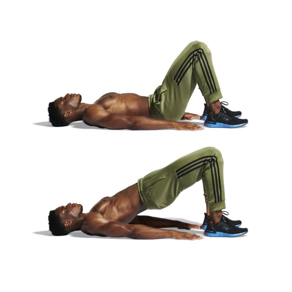 <p>Lie with your feet at hip width and close to your glutes (<strong>A</strong>). Push through your heels to raise your hips until your knees, hips and shoulders are aligned, keeping your back straight (<strong>B</strong>). Squeeze your glutes for two seconds, then lower. Repeat – lots.</p>