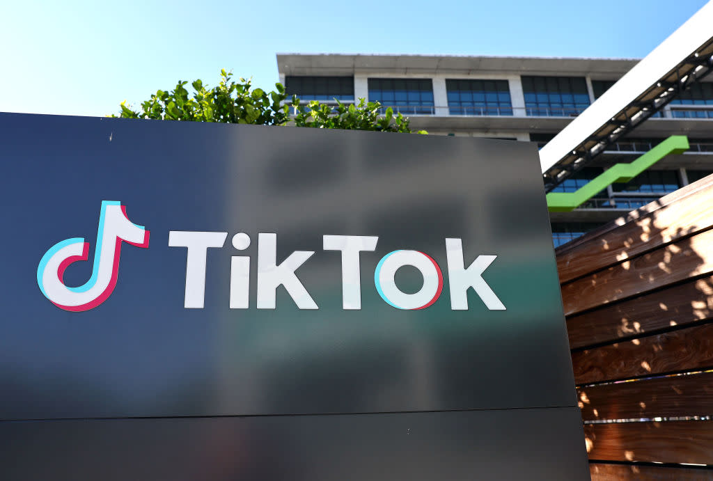 The TikTok logo is displayed outside a TikTok office on Dec. 20, 2022 in Culver City, California.