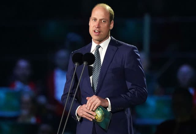 STEFAN ROUSSEAU/POOL/AFP via Getty Prince William speaks on stage at the Coronation Concert on May 7, 2023.