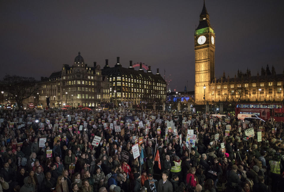 Protestors in Parliament Square during the MPs about Donald Trump’s state visit in February 2017 (Rex)