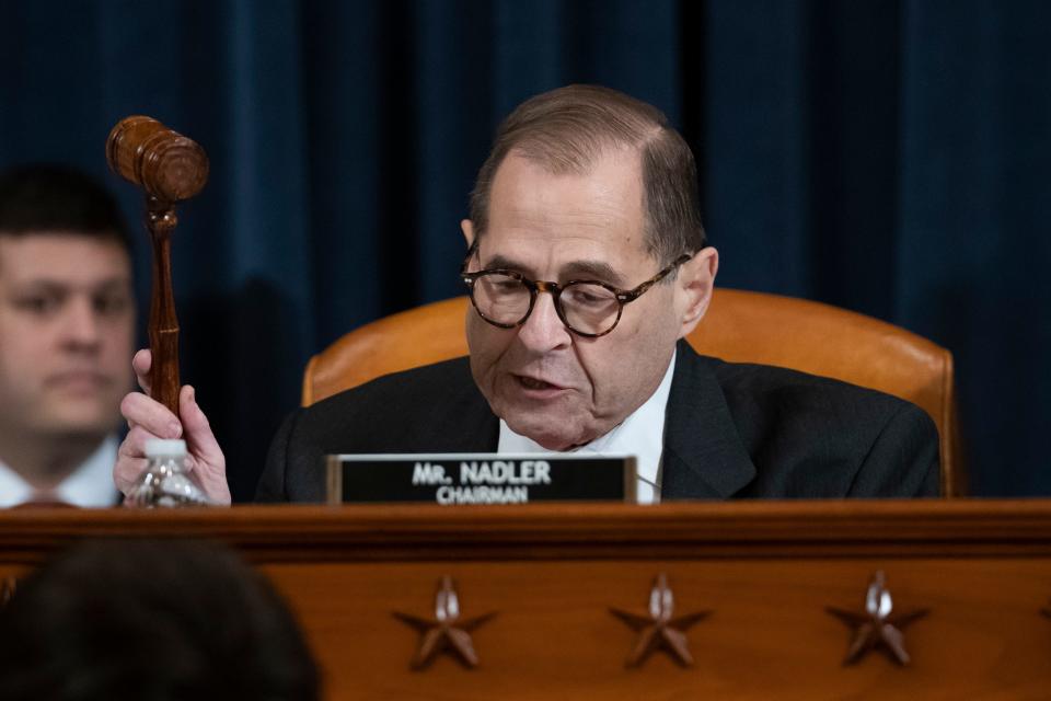 House Judiciary Committee Chairman Rep. Jerrold Nadler, D-N.Y., gavels a recess of a House Judiciary Committee markup of the articles of impeachment against President Donald Trump and announces the committee will reconvene on Friday for votes, on Capitol Hill, Thursday, Dec. 12, 2019, in Washington. (AP Photo/Alex Brandon)