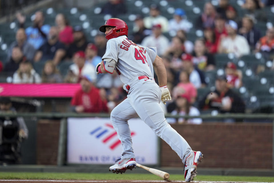 St. Louis Cardinals' Paul Goldschmidt watches his solo home run against the San Francisco Giants during the first inning of a baseball game in San Francisco, Wednesday, April 26, 2023. (AP Photo/Godofredo A. Vásquez)