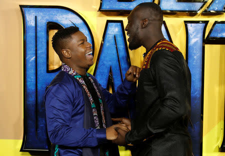 Actor John Boyega and hip hop singer Stormzy arrive at the premiere of the new Marvel superhero film 'Black Panther' in London, Britain February 8, 2018. REUTERS/Peter Nicholls