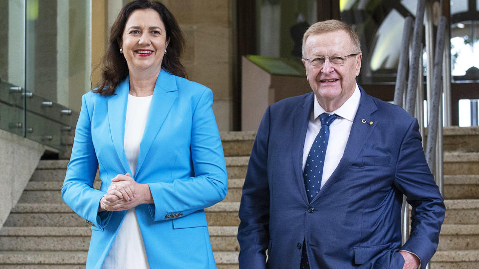 Annastacia Palaszczuk and John Coates, pictured here at a press conference for the 2032 Olympics in Brisbane.