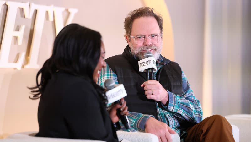 Angelique Jackson, senior entertainment writer at Variety, and Rainn Wilson speak onstage during the Variety Spirituality and Faith in Entertainment Breakfast presented by FAMI at The London Hotel on Tuesday, Feb. 13, 2024, in Los Angeles.
