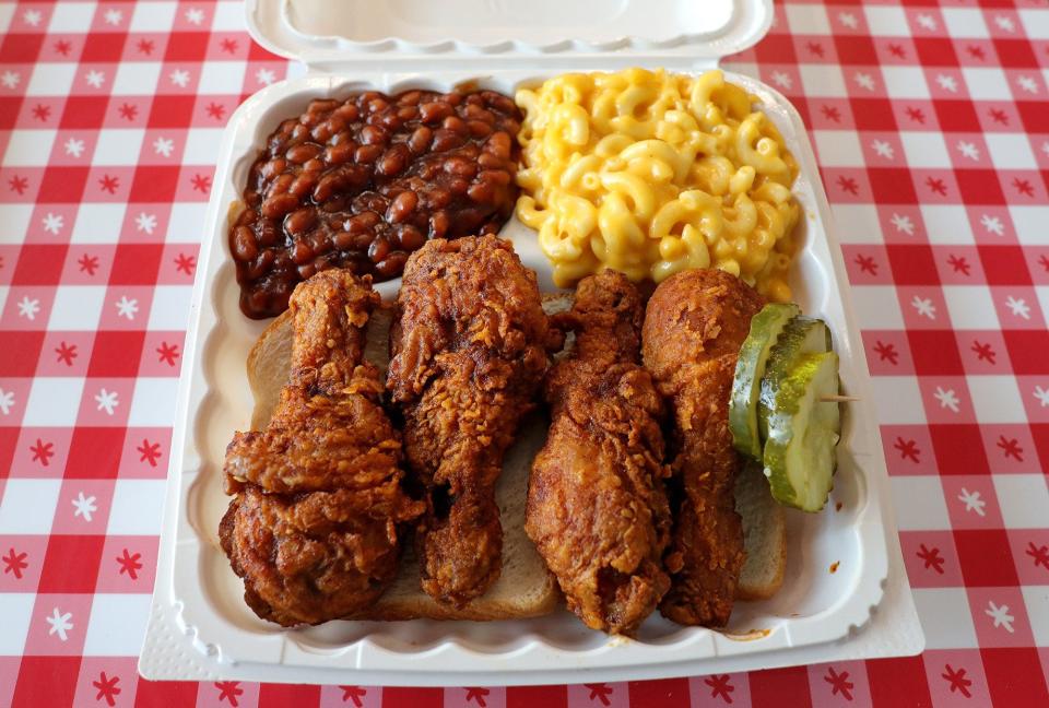 Warm heat level drumsticks, Ma's mac and baked beans from Hot Chicken Takeover.