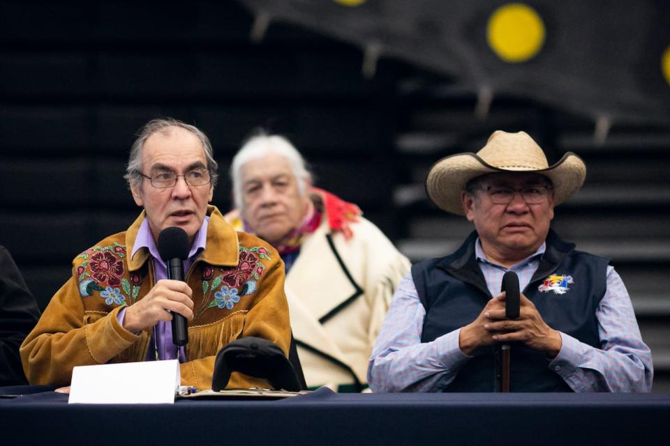 Dene National Chief Norman Yakeleya speaks at the event in Calgary.