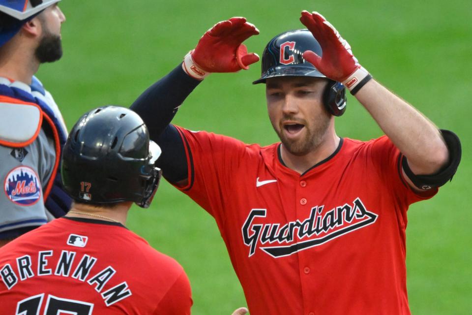 May 21, 2024; Cleveland, Ohio, USA; Cleveland Guardians first baseman David Fry (6) celebrates his two-run home run in the sixth inning against the New York Mets at Progressive Field. Mandatory Credit: David Richard-USA TODAY Sports