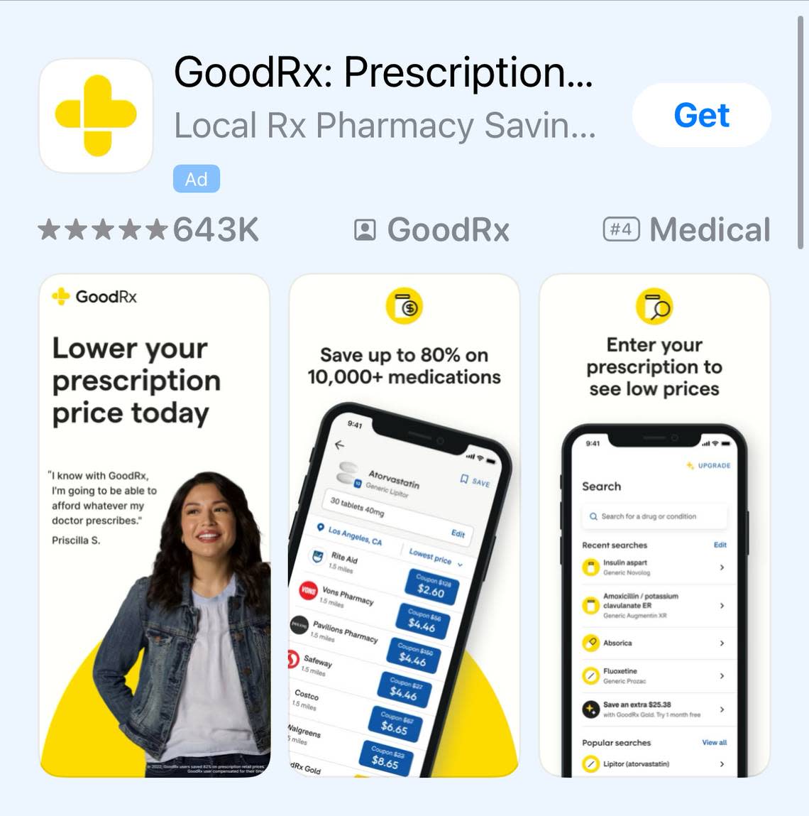 The GoodRx app on the Apple Store. Customers can download the free app and there is information on how to upgrade to the membership GoodRx Gold network that carries a monthly fee but can yield more savings on FDA-approved generic medications, according to the company.