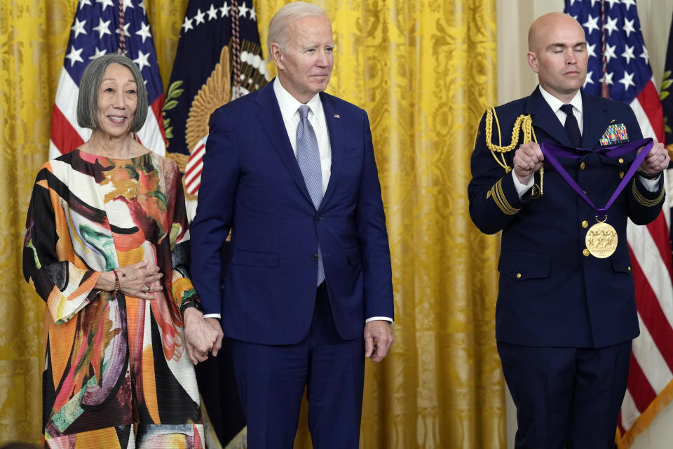 President Joe Biden presents the 2021 National Medal of the Arts to Joan Shigekawa at White House in Washington, Tuesday, March 21, 2023. (AP Photo/Susan Walsh)