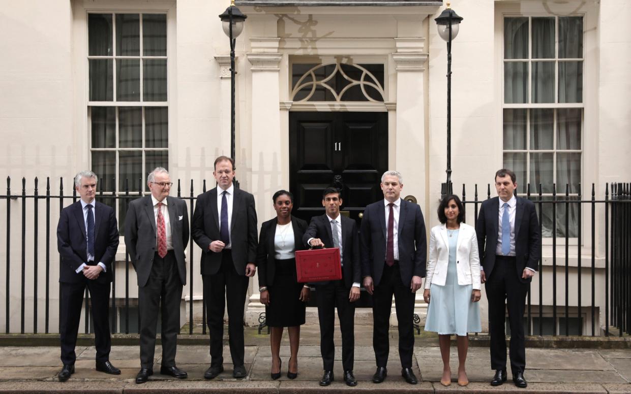 Rishi Sunak departs to deliver the annual Budget with members of the Treasury staff (from 2nd L) Minister of State Lord Agnew, Financial Secretary to the Treasury Jesse Norman, Exchequer Secretary to the Treasury Kemi Badenoch, Chief Secretary to the Treasury Steve Barclay and Economic Secretary to the Treasury John Glen (R) on March 11, 2020 in London, England - Getty Images Europe