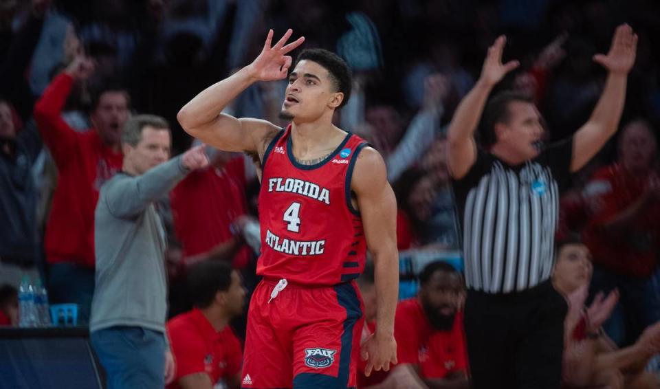 Florida Atlantic’s Bryan Greenlee celebrates a three-pointer against Kansas State’s during the second half of their east region final game at Madison Square Garden on Saturday night.