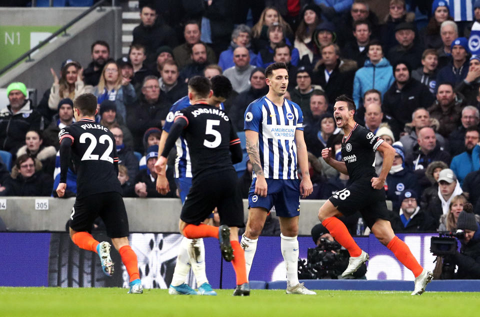 Cesar Azpilicueta, right, opened the scoring for Chelsea against Brighton (Gareth Fuller/PA)