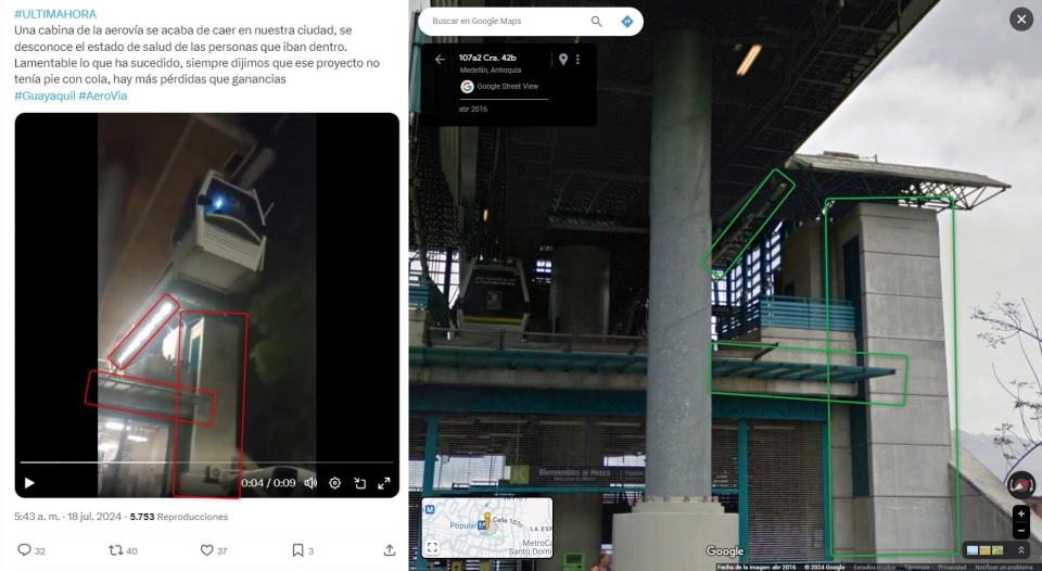 <span>Comparación entre la captura de pantalla de una publicación en X (I) y una ubicación en Google Street View, hecha el 18 de julio de 2024</span>