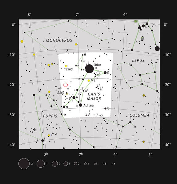 This chart shows the constellation of Canis Major (The Greater Dog). Most of the stars visible to the naked eye on a clear night are shown. The location of the bright open cluster, NGC 2367, which can be seen well in a small telescope, is marke