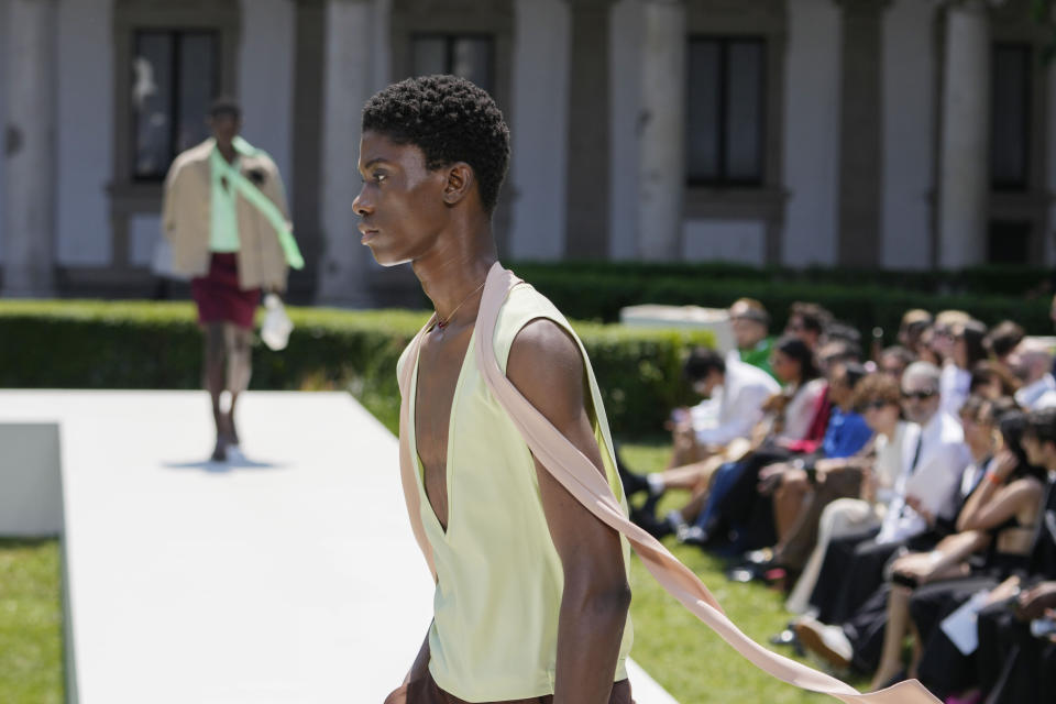 A model wears a creation as part of the Valentino men's Spring Summer 2024 collection presented in Milan, Italy, Friday, June 16, 2023. (AP Photo/Luca Bruno)