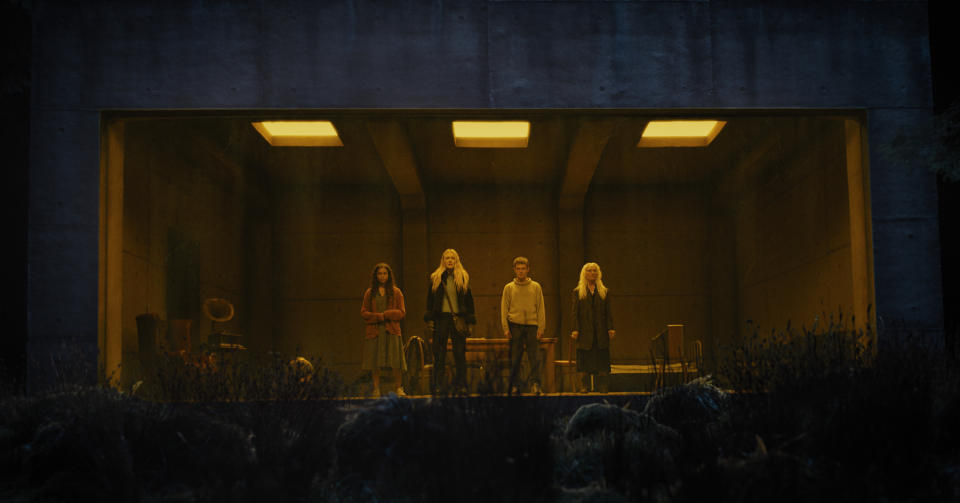 (L-r) GEORGINA CAMPBELL as Ciara, DAKOTA FANNING as Mina, OLIVER FINNEGAN as Daniel and OLWEN FOUÉRÉ as Madeline in New Line Cinema’s and Warner Bros. Pictures’ fantasy thriller “THE WATCHERS,” a Warner Bros. Pictures release (Warner Bros. Pictures)
