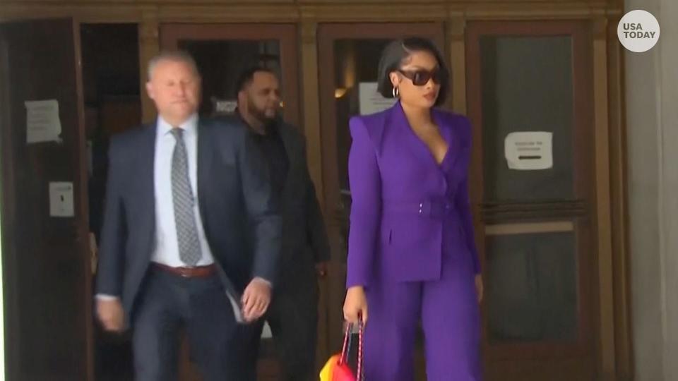 Rapper Megan thee Stallion leaves a Los Angeles court after testifying against Tory Lanez, who is charged with shooting the rap star in the feet.