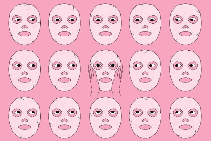Illustration of a grid of faces wearing beauty masks and looking at each other.