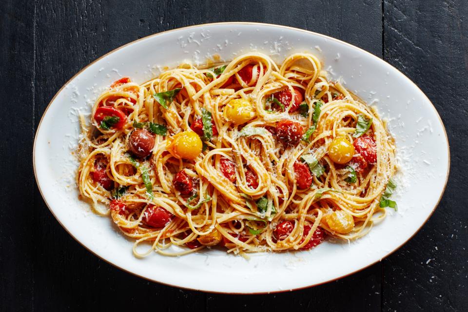This pasta dish is a perpetual favorite of Epicurious readers—in fact, it's one of our most popular <a href="https://www.epicurious.com/recipes-menus/the-best-new-pasta-recipes-to-try-gallery?mbid=synd_yahoo_rss" rel="nofollow noopener" target="_blank" data-ylk="slk:pasta recipes;elm:context_link;itc:0" class="link ">pasta recipes</a> of all time. All you need is a pound of pasta, some olive oil, garlic, cherry tomatoes, ground bllack pepper, Parmesan, fresh basil leaves, and a pinch of sugar to balance the sauce. <a href="https://www.epicurious.com/recipes/food/views/pasta-with-15-minute-burst-cherry-tomato-sauce-56390060?mbid=synd_yahoo_rss" rel="nofollow noopener" target="_blank" data-ylk="slk:See recipe.;elm:context_link;itc:0" class="link ">See recipe.</a>