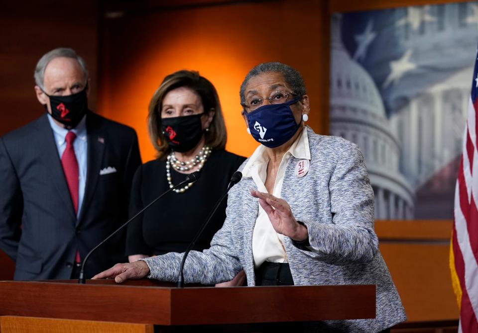 In this file photo, Del. Eleanor Holmes-Norton, D-D.C., right, is joined by Sen. Tom Carper, D-Del., and House Speaker Nancy Pelosi at a news conference about the House bill that would make Washington, D.C., the 51st state. U.S. Rep. Lisa Blunt Rochester, D-Del., is running for the Senate seat of the retiring Carper while in neighboring Maryland, Prince George's County Executive Angela Alsobrooks is also campaigning for an open seat.