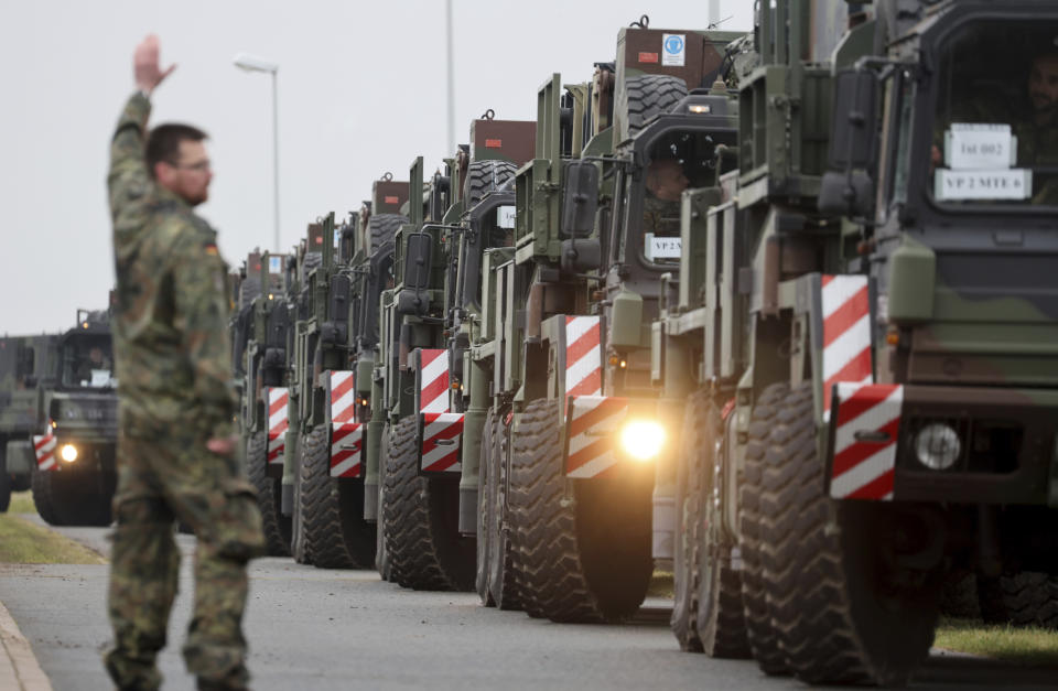 Air Defense Missile Group 24 begins moving the first two of three committed Patriot air defense missile squadrons from Germany to Poland in Gnoien, Germany, Monday, Jan. 23, 2023. The air defense systems are to move into operational positions in the vicinity of the town of Zamosc in southeastern Poland. (Bernd Wüstneck/dpa via AP)