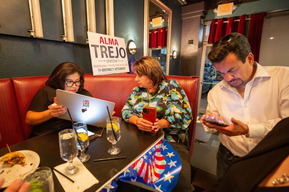 At center, Alma Trejo, District Attorney candidate awaits a second batch of election results for the run off primary election at her watch party at O2 Lounge in El Paso, Texas on May 28, 2024.