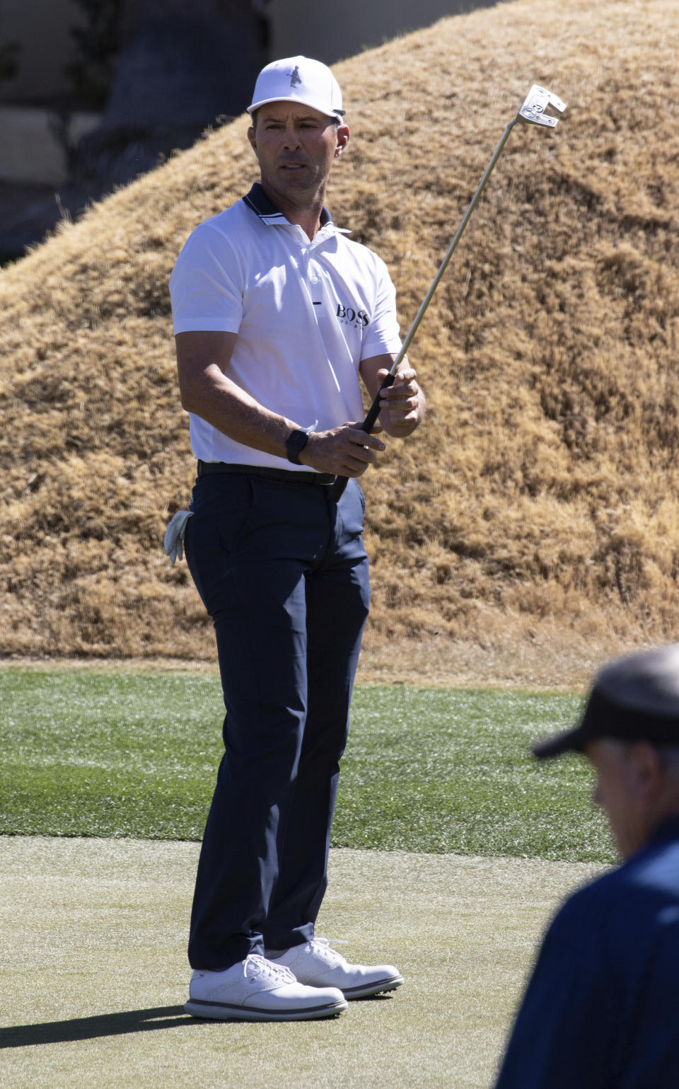 Mike Weir watches hit putt on the 9th green during the second round of the 2021 Cologuard Classic golf tournament at the Omni Tucson National Resort on Saturday, Feb. 27, 2021. (Rick Wiley/Arizona Daily Star via AP)