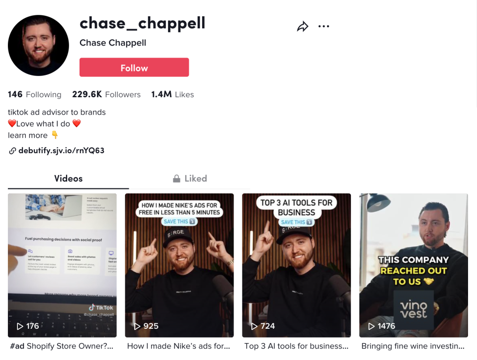 Chase Chappell's TikTok page, taken on Jan. 19, 2023.