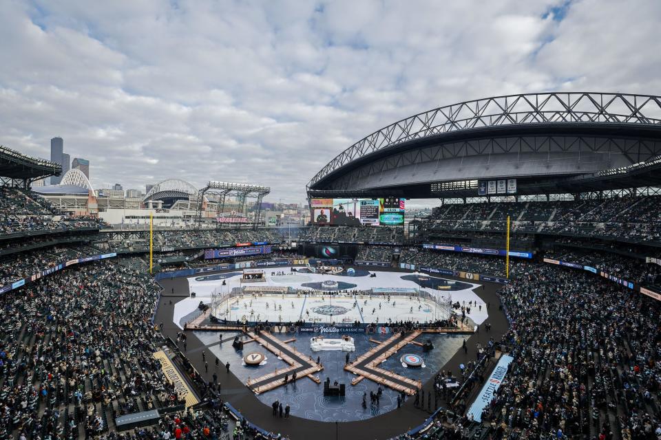 Jan 1, 2024; Seattle, Washington, USA; General view of T-Mobile Park during pregame warmups between the Vegas Golden Knights and Seattle Kraken in the 2024 Winter Classic ice hockey game. Mandatory Credit: Joe Nicholson-USA TODAY Sports