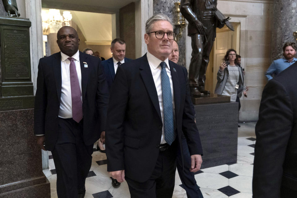 British Prime Minister Keir Starmer walks through the Statuary Hall after a meeting with the Speaker of the House Mike Johnson, R-La., at the Capitol on Wednesday, July 10, 2024, in Washington. ( AP Photo/Jose Luis Magana)