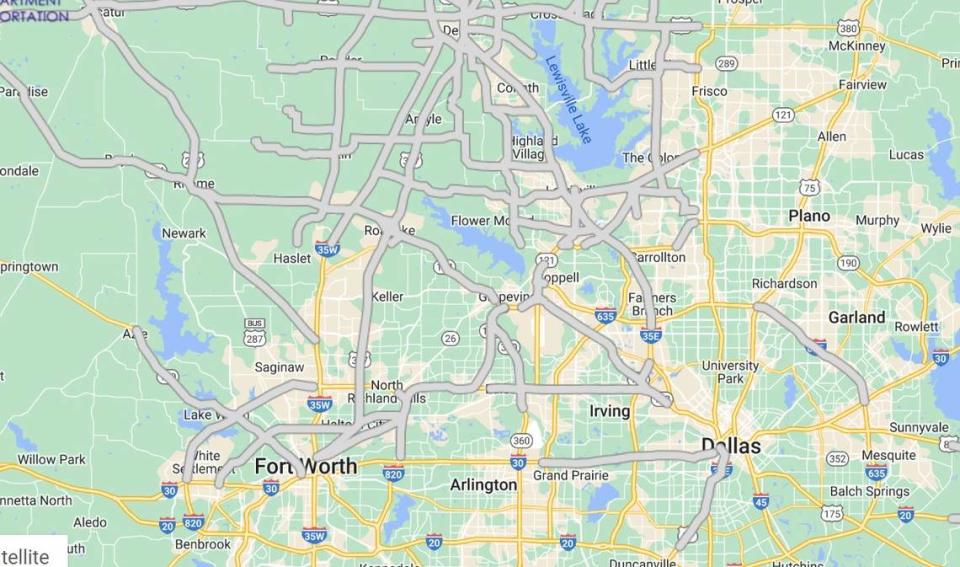 Gray coloration indicates patches of ice and black ice on this Texas Department of Transportation map, as of 12:50 p.m. Monday.