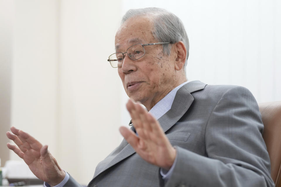 Yasuo Fukuda, former Prime Minister of Japan, speaks during an interview with the Associated Press at his office Wednesday, Sept. 21, 2022, in Tokyo. Fukuda, who is an active proponent of better ties with China, says friction between Japan and China largely stem U.S.-China trade issues. (AP Photo/Eugene Hoshiko)