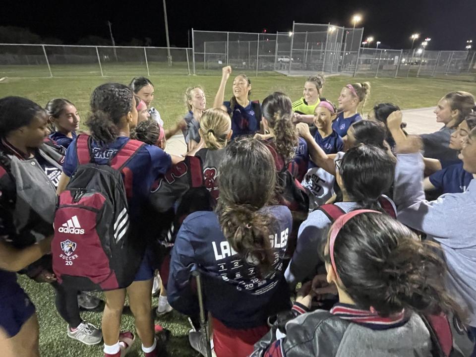 The Veterans Memorial girls soccer team share one last huddle following Thursday's season-ending loss to McAllen High in the Class 5A area round.