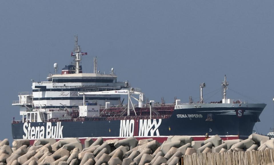 The British-flagged oil tanker Stena Impero is seen outside Port Rashid in Dubai, United Arab Emirates, Saturday, Sept. 28, 2019. On Friday, Iran released the Stena Impero which it had seized in July as it passed through the Strait of Hormuz, the narrow mouth of the Persian Gulf through which 20% of all oil passes. The ship set sail from Iran Friday morning, arriving at an anchorage outside Dubai's Port Rashid in the United Arab Emirates just before midnight. (AP Photo/Kamran Jebreili)