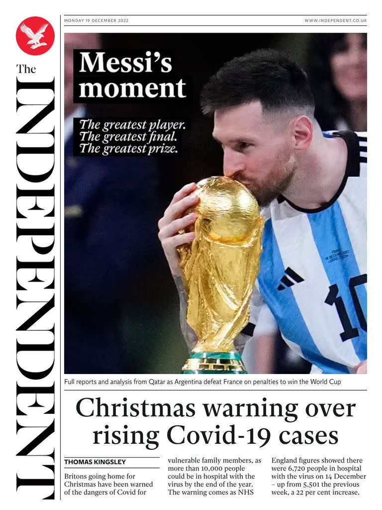 "El jugador más grande, la final más grande, el premio más grande", en la tapa del diario inglés The Independent