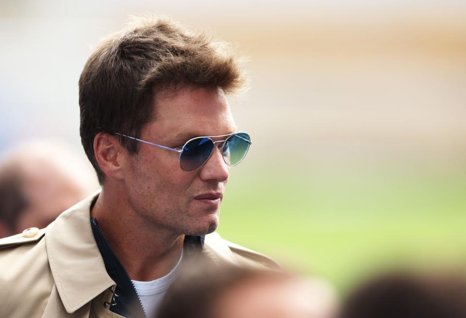 BIRMINGHAM, ENGLAND - AUGUST 12: Tom Brady, Former NFL Quarterback looks on prior to the Sky Bet Championship match between Birmingham City and Leeds United at St Andrews (stadium) on August 12, 2023 in Birmingham, England. (Photo by Cameron Smith/Getty Images)