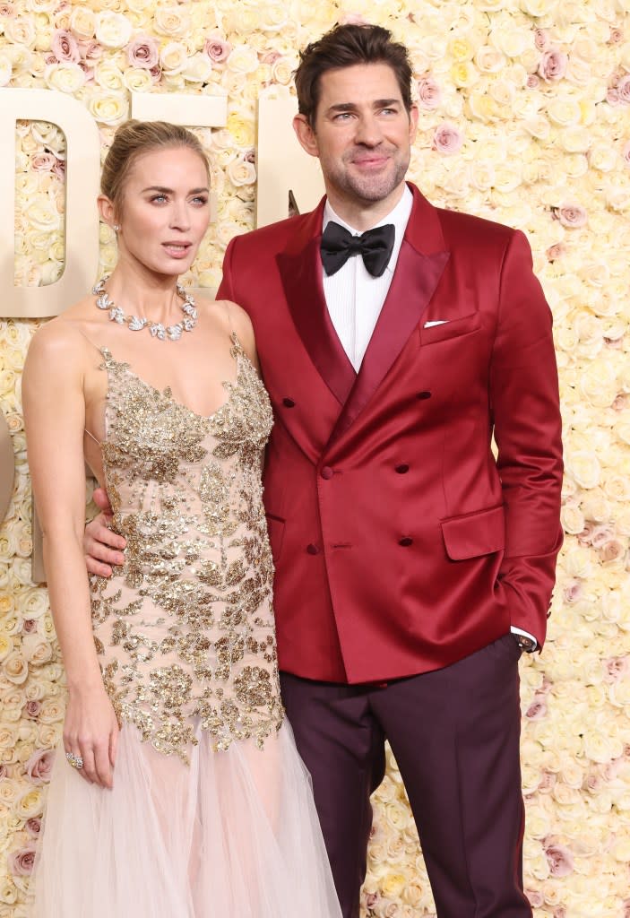 Emily Blunt and John Krasinski attend the 81st Annual Golden Globe Awards at The Beverly Hilton on January 07, 2024 in Beverly Hills, California.