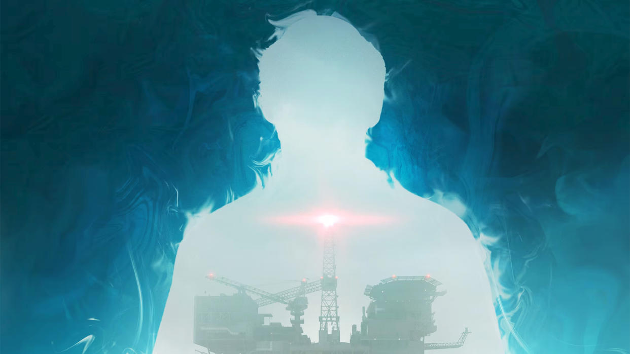  Key art for Still Wakes the Deep, showing the game's doomed oil rig setting enclosed within a human silhouette. 