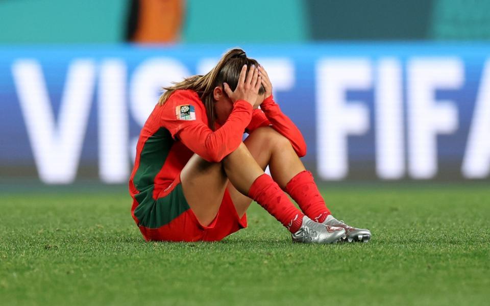 Tatiana Pinto of Portugal shows dejection after her team's elimination from the tournament after the scoreless draw following the FIFA Women's World Cup Australia & New Zealand 2023 Group E match between Portugal and USA at Eden Park on August 01, 2023 in Auckland, New Zealand